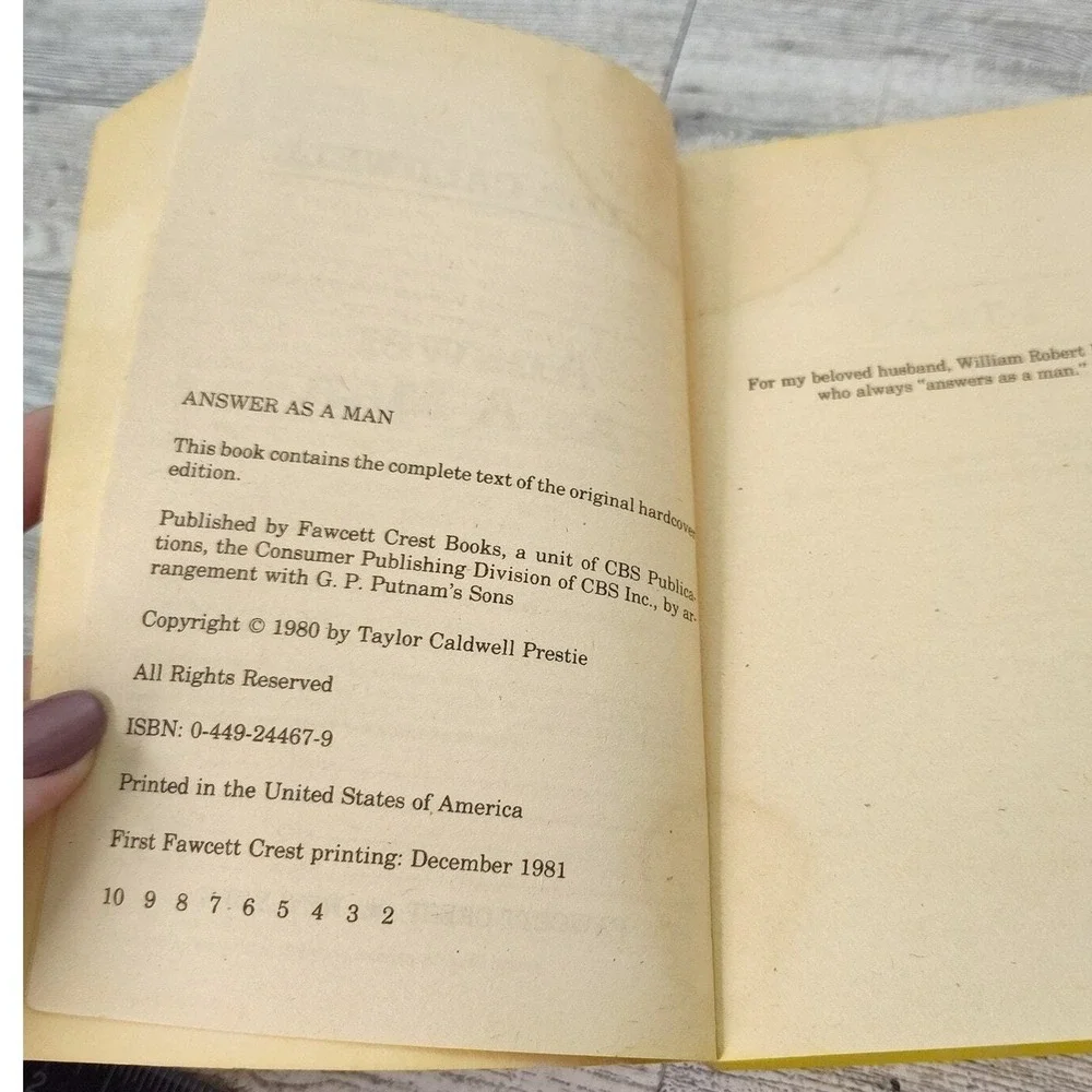 Answer As A Man by Taylor Caldwell 1981‎ First Fawcett Crest Printing Paperback